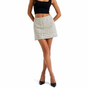 New York & Company Tweed Skirt Women 8 White Black Fringed Windowpane Mini Skirt